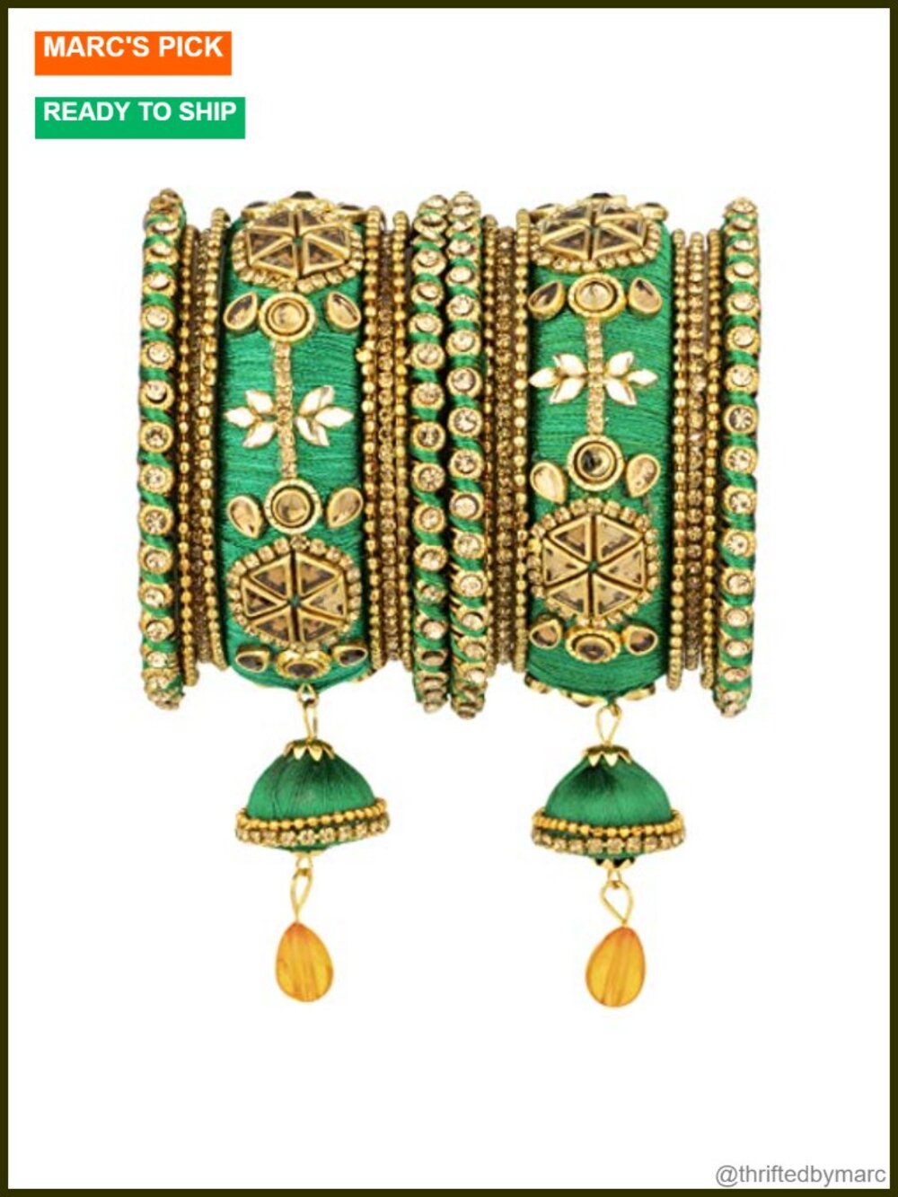 Faux Stone Studded Silk Thread Bangle Chuda Set with Jhumki Tassel Indian